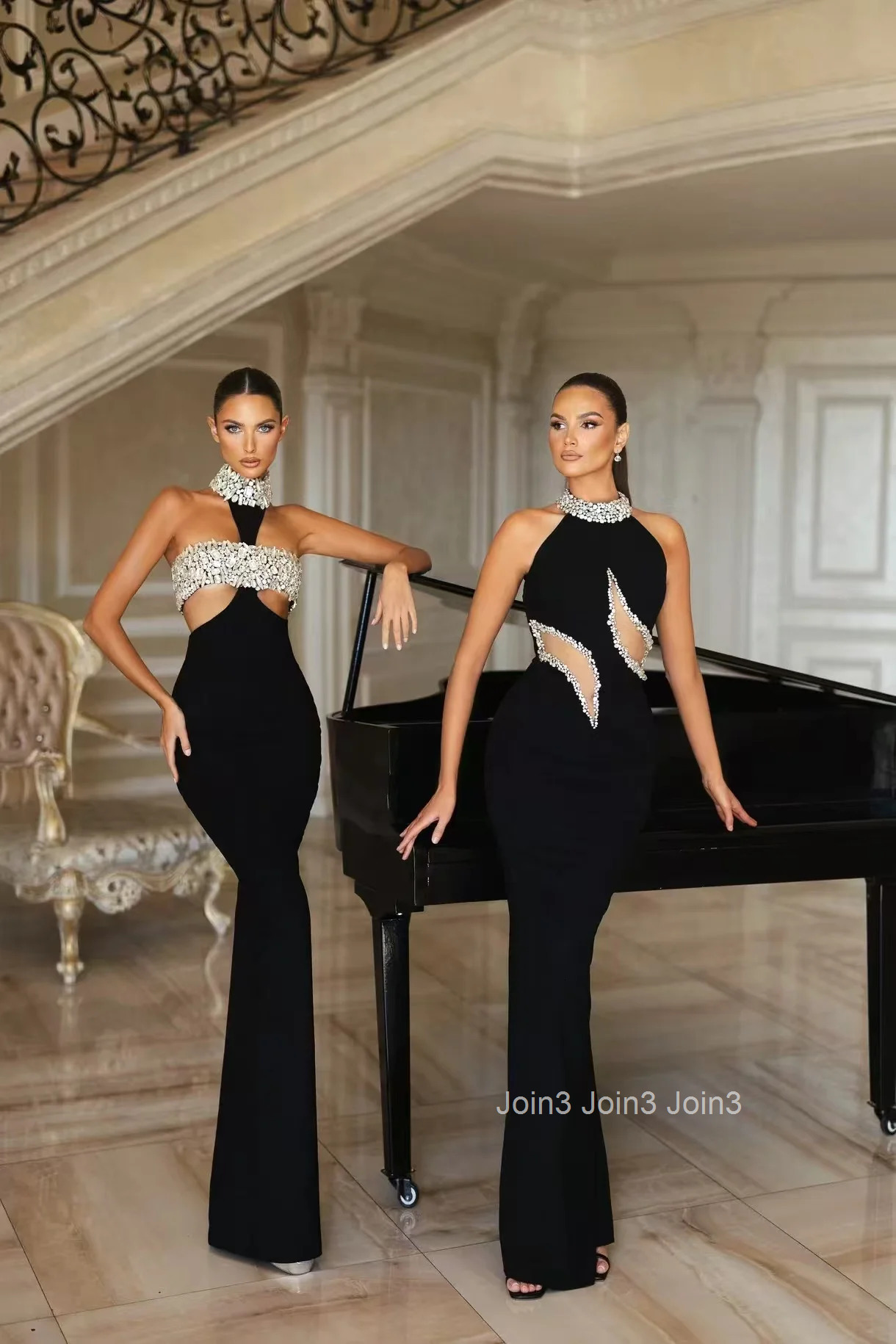 Black Evening Gown with Cut-out Sparkling Details Slim Fit Luxury Party/Wedding Dress Elegant Silhouette