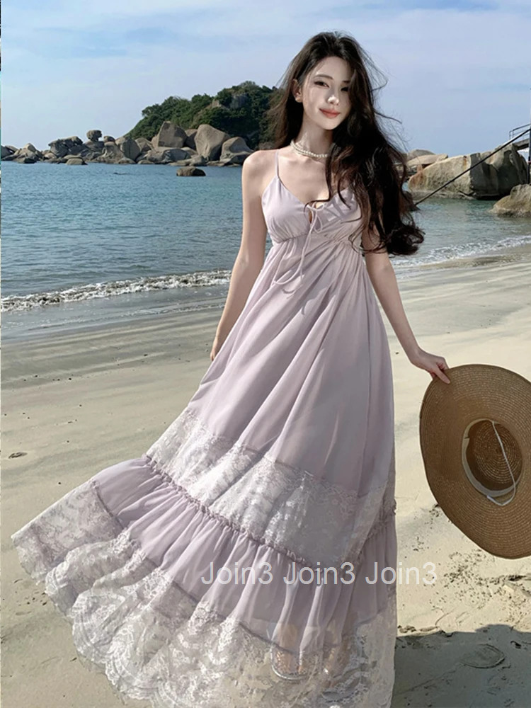 Women Clothes Sweet Lace Sexy Strap V-Neck Loose Maxi Long A-Line Dress Elegant Fashion Party Vestidos Fiesta Robe Vacation New