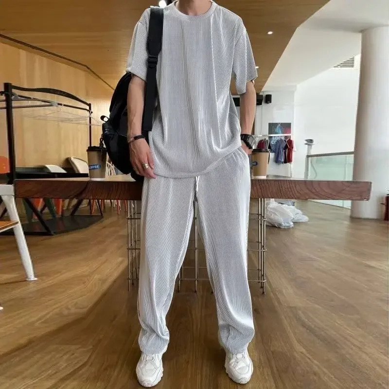 High-End Ice Silk Mens Sports Suit Casual Home Use Long Pants Short Sleeves Quick Drying Top Set Summer Collection 250617