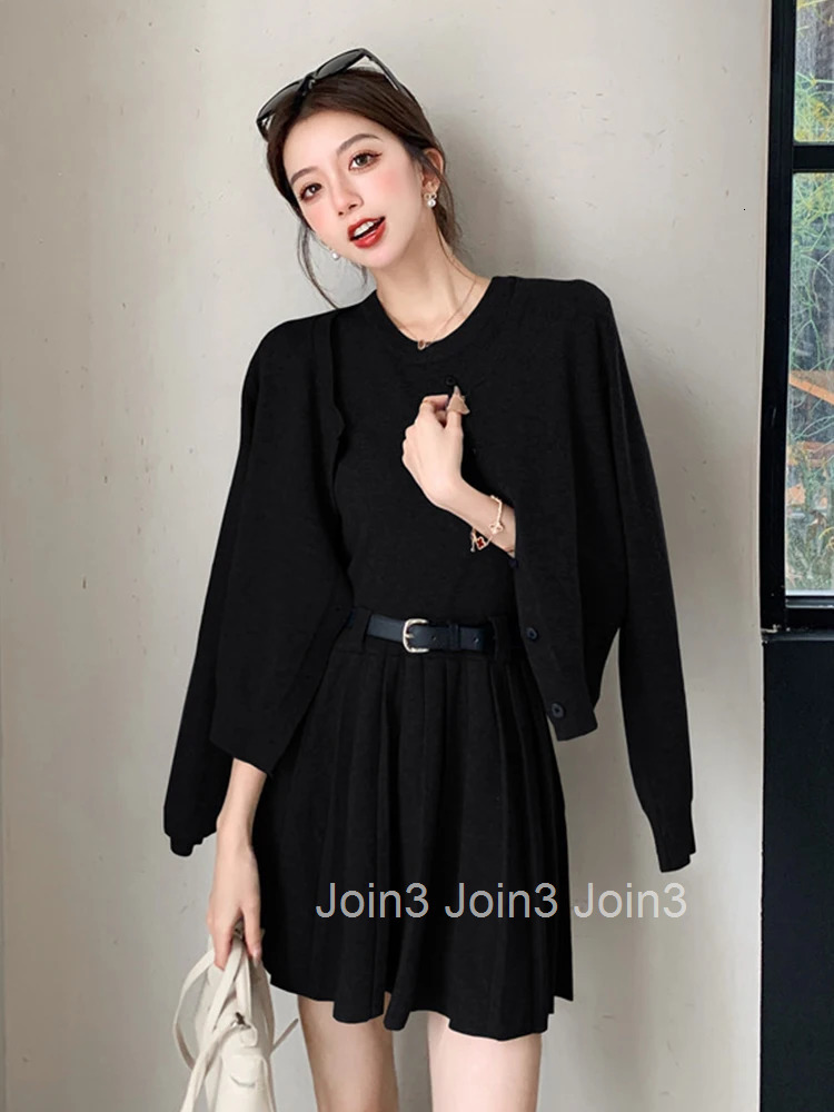 Women Clothes Sweater Casual Knitted Stretchy 2 Pieces Outfits Single Breasted Tops And Sleeveless Pleated Mini Dress Short Set