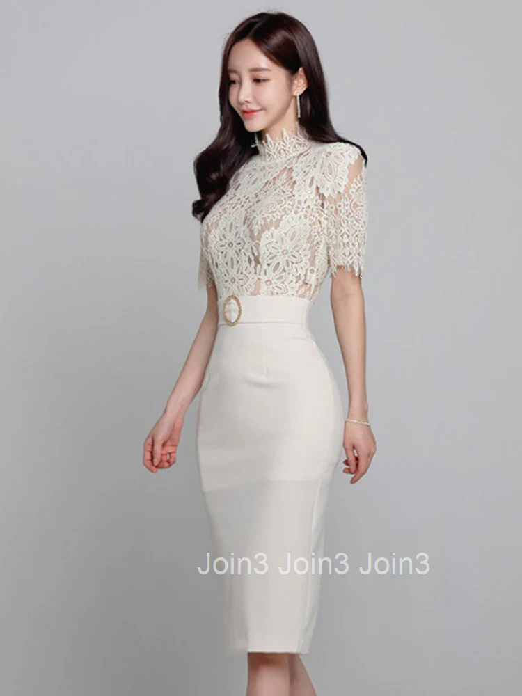 New Summer Elegant Office Women Evening Dress Chic Lace Sheer Stand Neck Slim Midi Pencil Party Club Prom Femme Mujer Vestidos