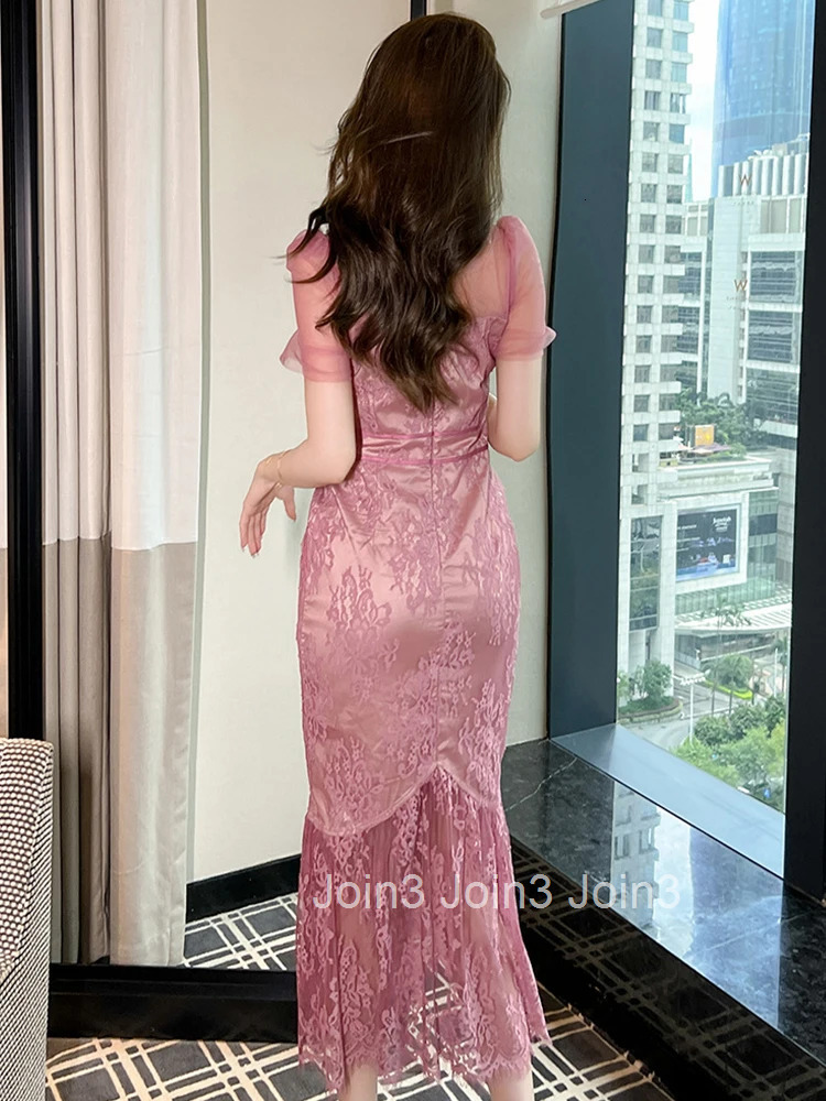 Fashion Summer Lace Long Evening Dress Women Ladies Clothing Sheer Sexy Square Collar Slim Midi Party Prom Mujer Robe Vestidos