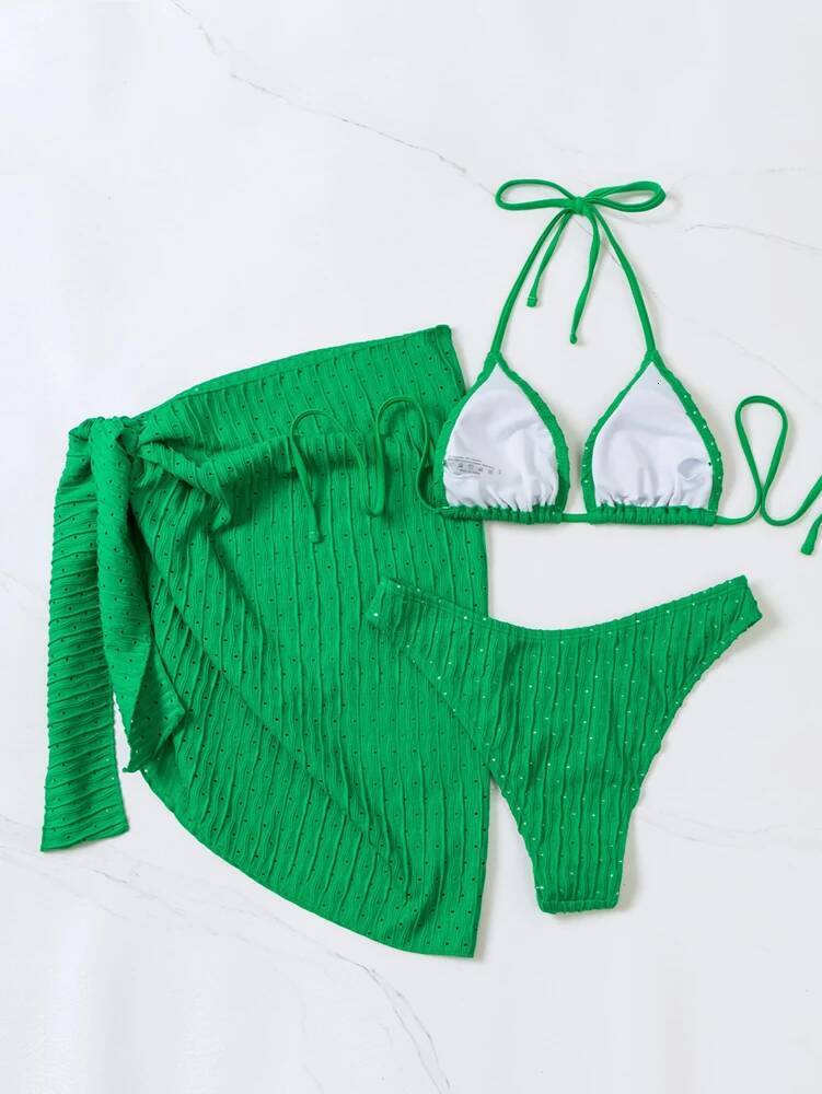 2025 New Women 3 Piece Set Sexy Mesh Elastic Fabric Green/White/Black/Yellow Bikini Lace Up Swimwear Halter Bathing Suit