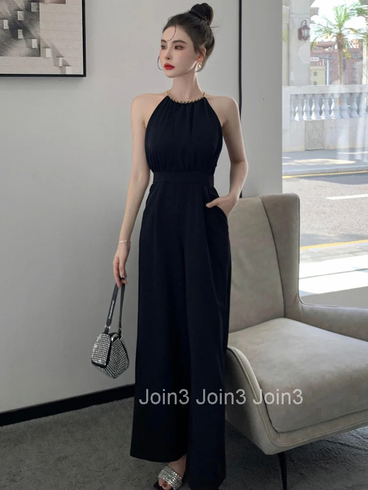 Korean Women One Piece Jumpsuits Black Vintage Sexy Chain Halter High Waist Party Club Lady Mujer Wide Leg Loose Rompers Summer
