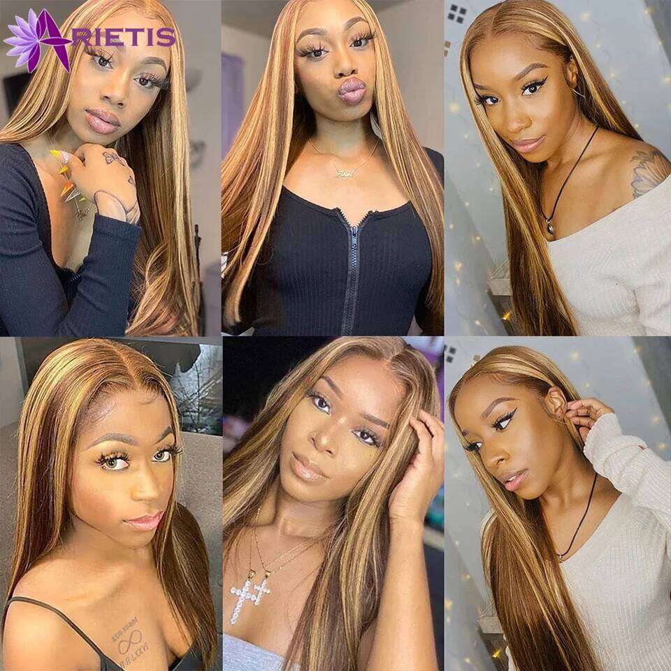 30 32 Inch Highlight Ombre Frontal Wig Straight Human Hair P4/27 Colored 13x4 4x4 Lace Closure Wigs For Women