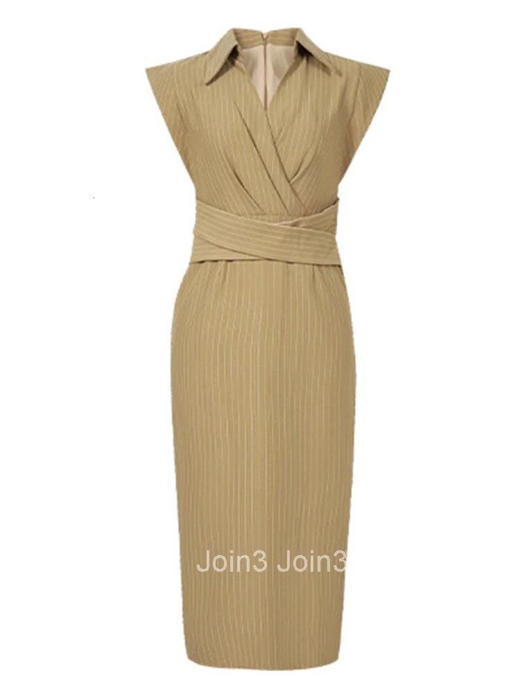 Women Clothes Commute Vintage Striped Sleeveless Folds Slim Midi Pencil Dress Fashion Vestidos Formal Occasion Casual Summer New