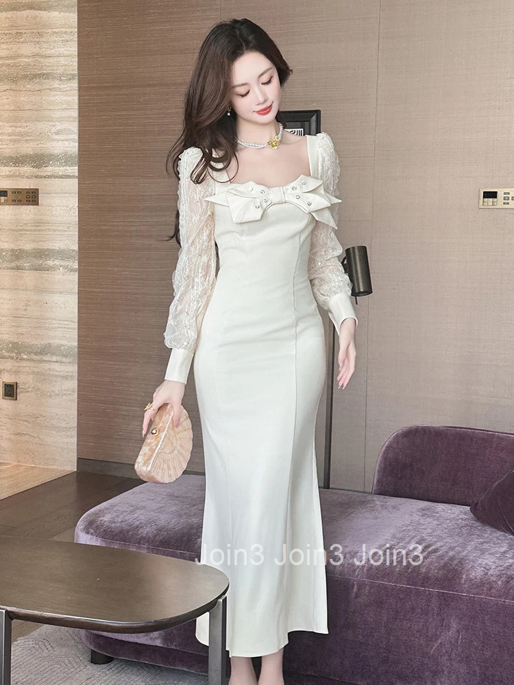 Autumn Fashion Casual Sweet Bow Square Collar Fishtail Long Dress Women Clothes Elegant Lace Long Sleeve Slim Robe Party Vestido