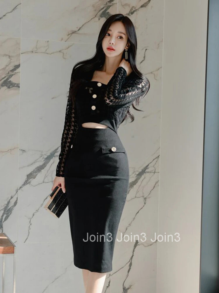 Fashion Korean Style Women Retro Sexy Square Collar Perspective Hollow Midi Party Club Dress OL Elegant Temperament Split Dress