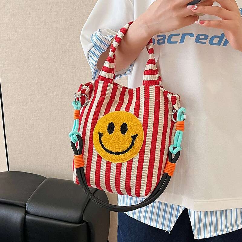 2025 Summer New Canvas Women's Bag Smiley Face Cute Cartoon Commuter Tote Large Capacity Crossbody Handbag Trendy