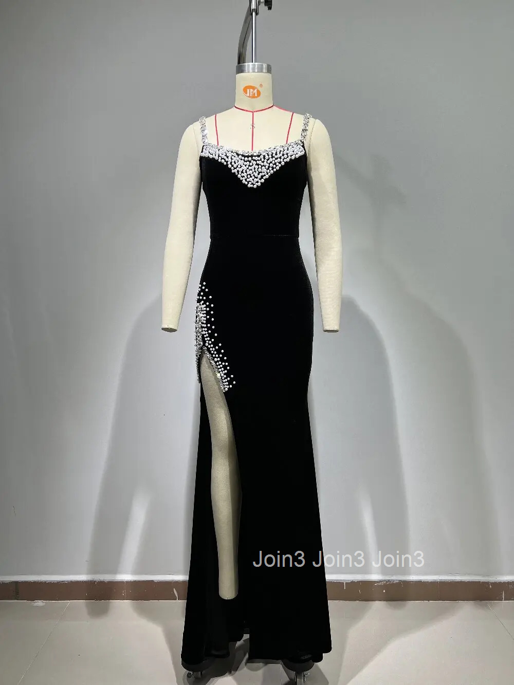 Black V-Neck Simple Bubble Bead Sleeveless Embroidered Diamonds Split Sling Dress Womens Clothing Elegant Evening Dinner Gown