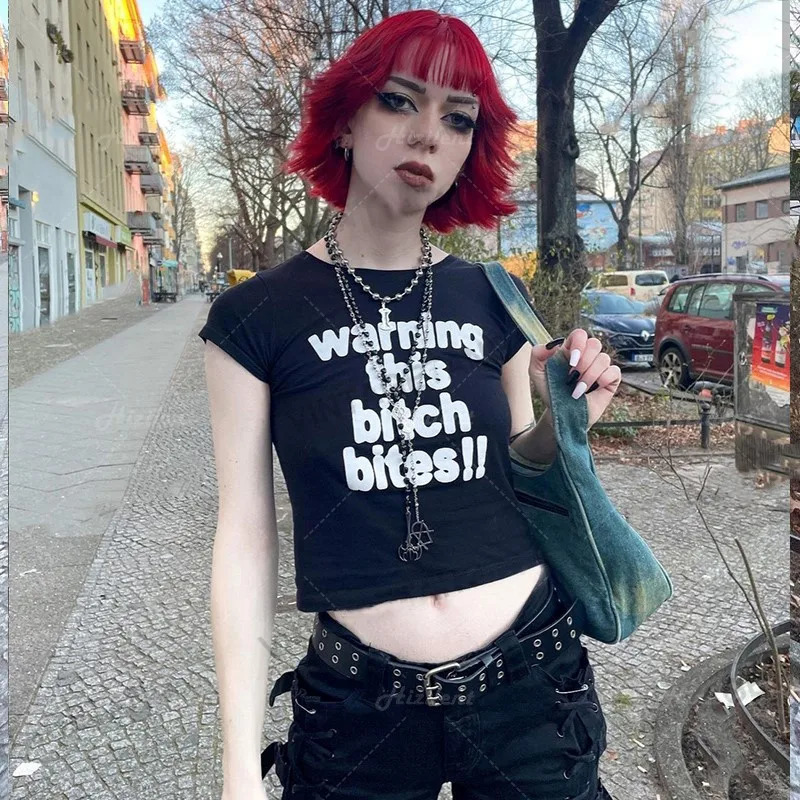 Women clothes Retro Black short letter print short-sleeved T-shirt slim summer Y2K Club Wear crop top Kawaii harajuku vintage 250617