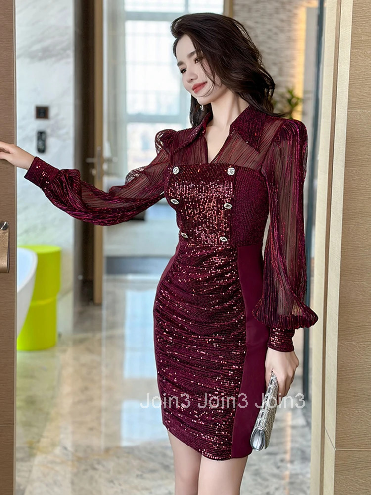 Autumn Fashion Retro Sequins Sheer Sexy Evening Dress Women Clothes Elegant Lantern Sleeve Slim Short Party Prom Vestidos Fiesta