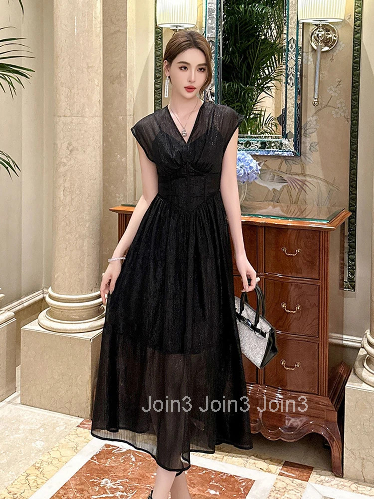 Summer Bright Silk Black Evening Dress Women Clothes Elegant Sheer Sexy Sleeveless Corset Slim Party Prom Vestidos Fiesta Robe