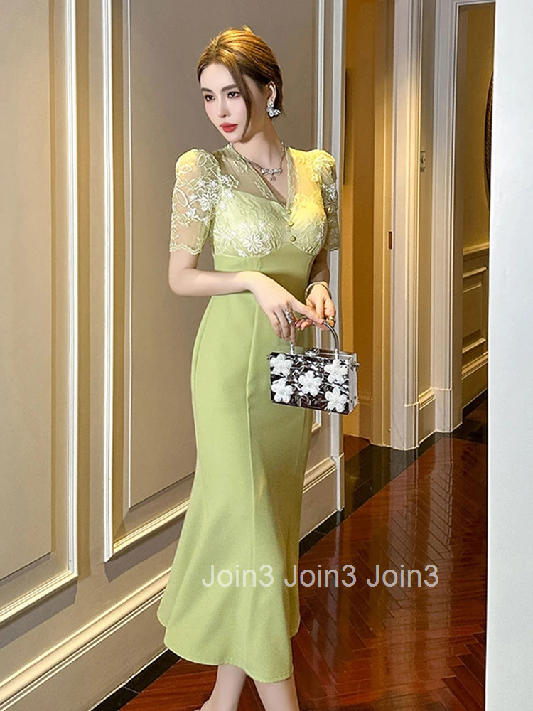 New Elegant Summer Fake 2 Piece Mermaid Long Dress Women Clothes Retro V-Neck Slim Midi Party Prom Robe Vestidos Fiesta Fashion