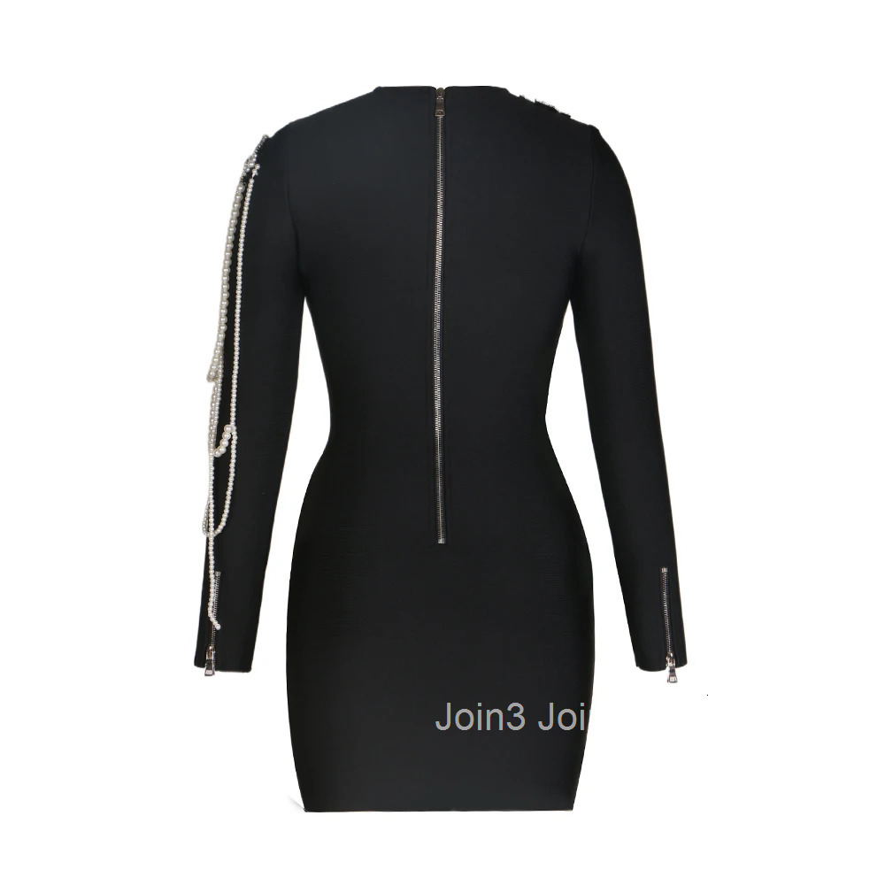 Luxury Fashion Womens Clothing Beading Diamond Black Bodycone Bandage Wrapped Hip Dress Elegant Long Sleeves Evening Party Gown