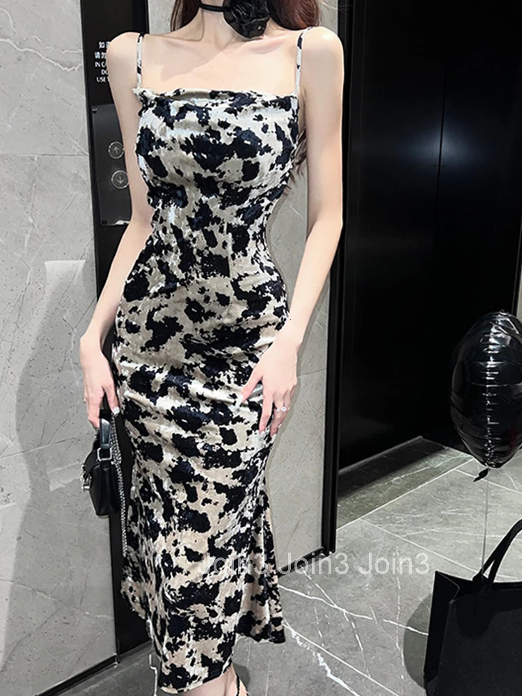 Fashion Spring Autumn Vintage Velvet Long Dress Women Clothing Elegant Pretty Print Sexy Strap Skinny Midi Robe Mujer Vestidos