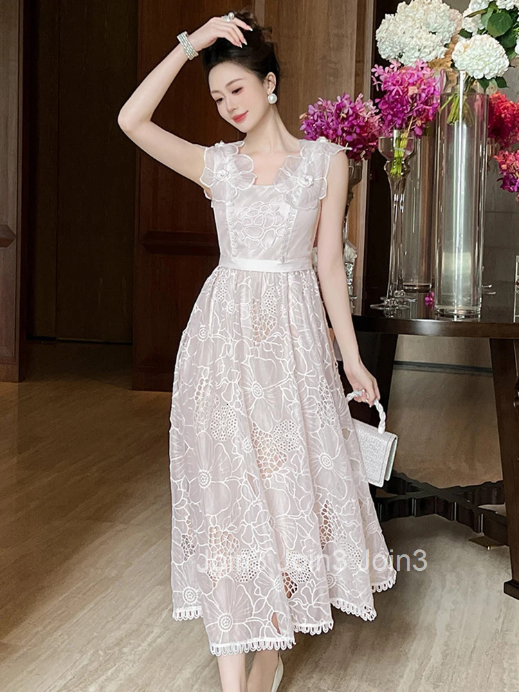Summer Fashion Lace Floral Embroidery Vacation Evening Dress Women Clothes Elegant Tank Slim A-Line Maxi Robe Party Prom Vestido