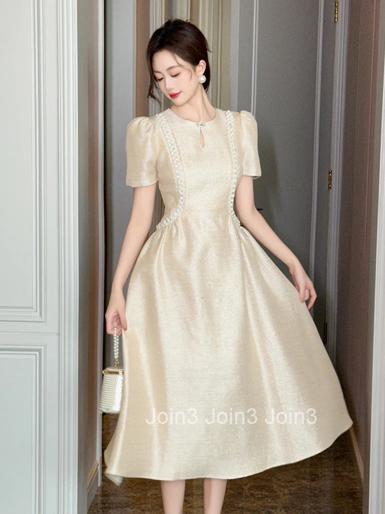 Summer Fashion Elegant Luxury Pearl Sparkly Evening Dress Women Clothes Vintage O-Neck Slim Midi A-Line Robe Party Prom Vestidos