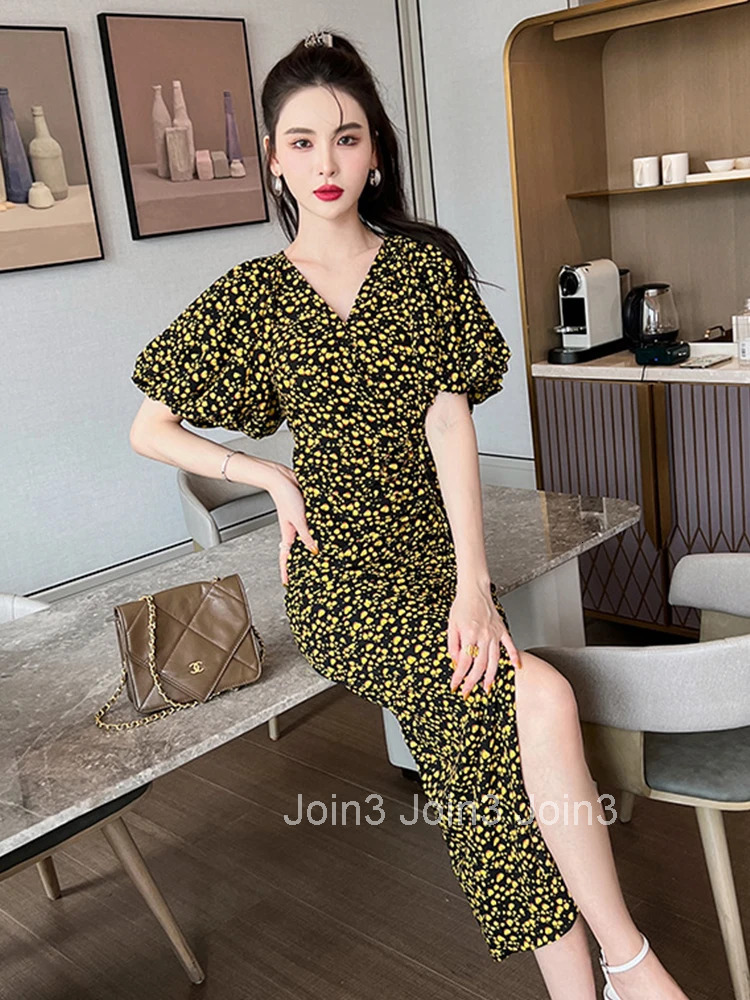 Satin Elegant Women Dress Summer Vintage Casual Puff Sleeve Pleated Print Bodycon Slit Midi Club Beach Lady Robe Mujer Vestidos