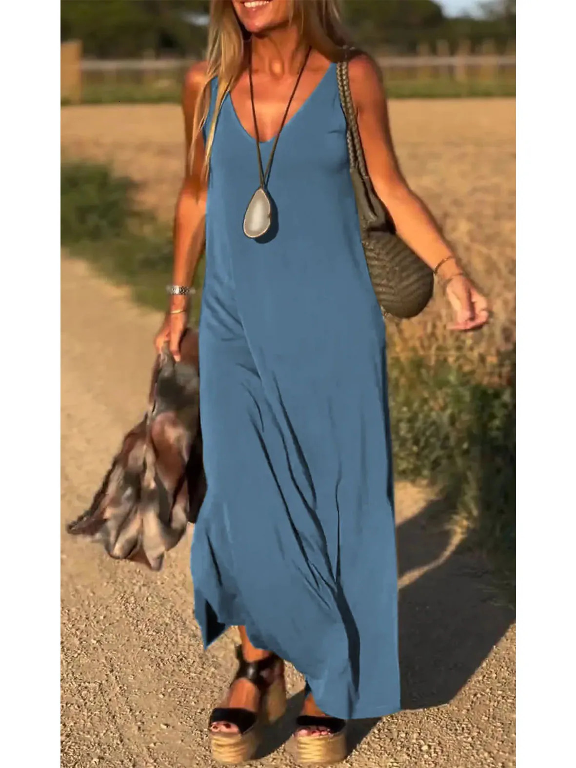 2024 Summer Womens VNeck Knit CoverUp Dress Beach Resort Maxi Slip Lightweight Loose Fit Boho Vacation Outfit 250616