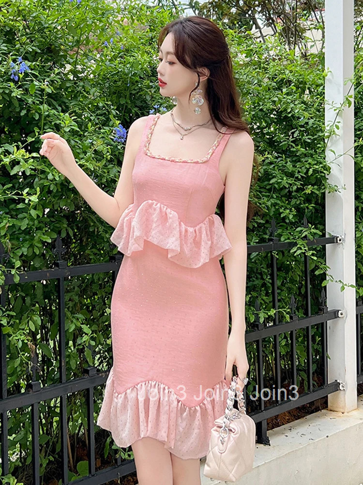 New Summer Fake 2 Piece Pink Sweet Luxury Sparkly Evening Dress Women Clothes Ruffle Sexy Sling Slim Party Prom Vestidos Fiesta