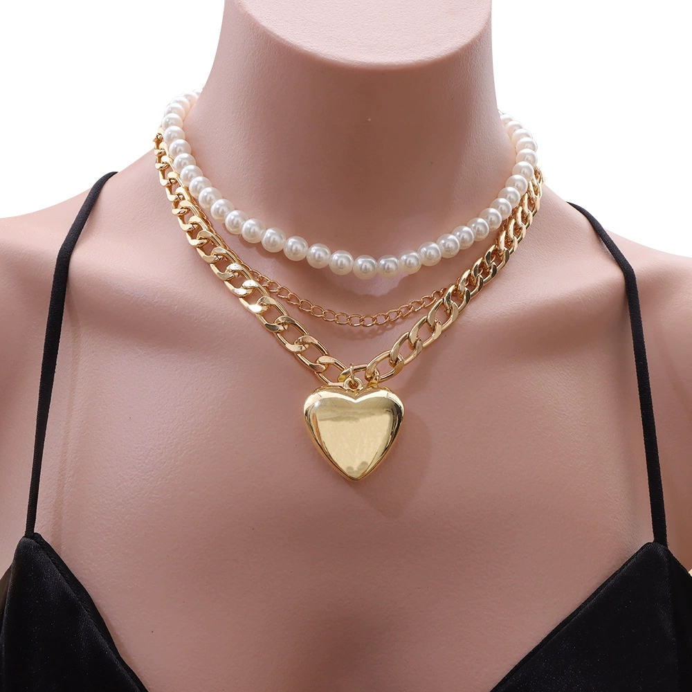 Chic Shimmering Heart Charm with Layered Pearl Beads - Intricate Metal Link Neckpiece