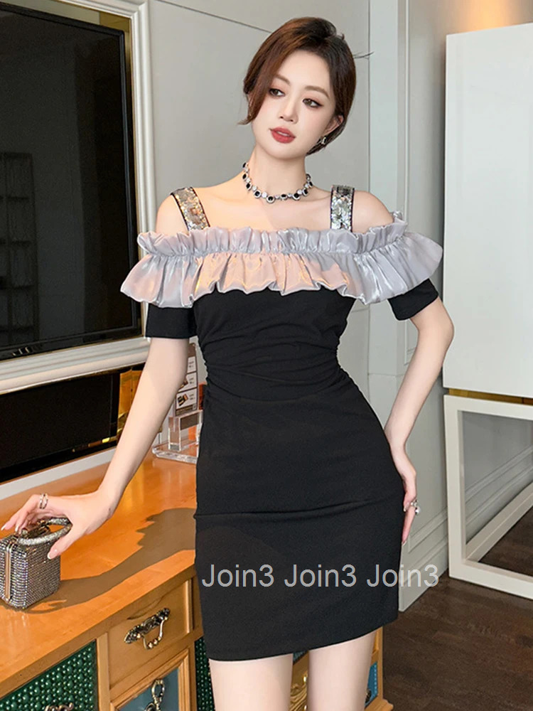 Women Clothes Sweet Ruffle Black Sexy Sequin Sling Folds Slim Short Dress Elegant Fashion Evening Party Prom Vestidos Casual New