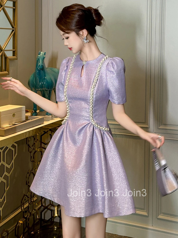 New Summer Elegant Luxury Pearl Gown Evening Dress Women Clothes Sparkly Retro Puff Sleeve Slim A-Line Short Party Prom Vestidos