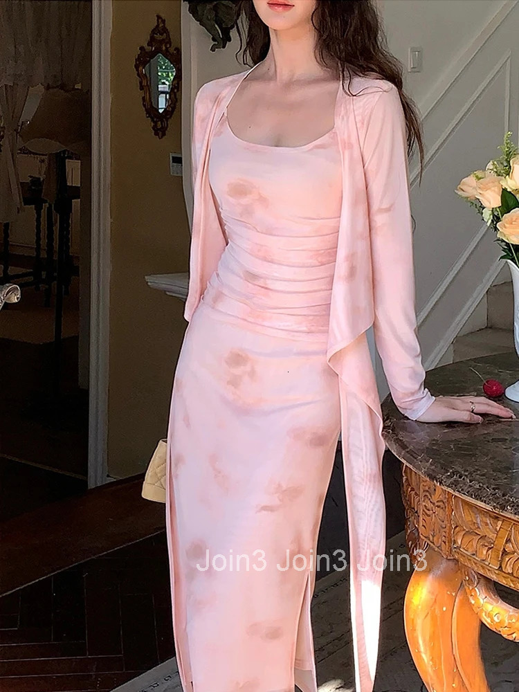 Holiday Mesh Floral Print 2 Pieces Outfits Women Clothes Cardigan Coat Tops Sexy Sling Strap Slit Folds Midi Robe Dress Set Lady