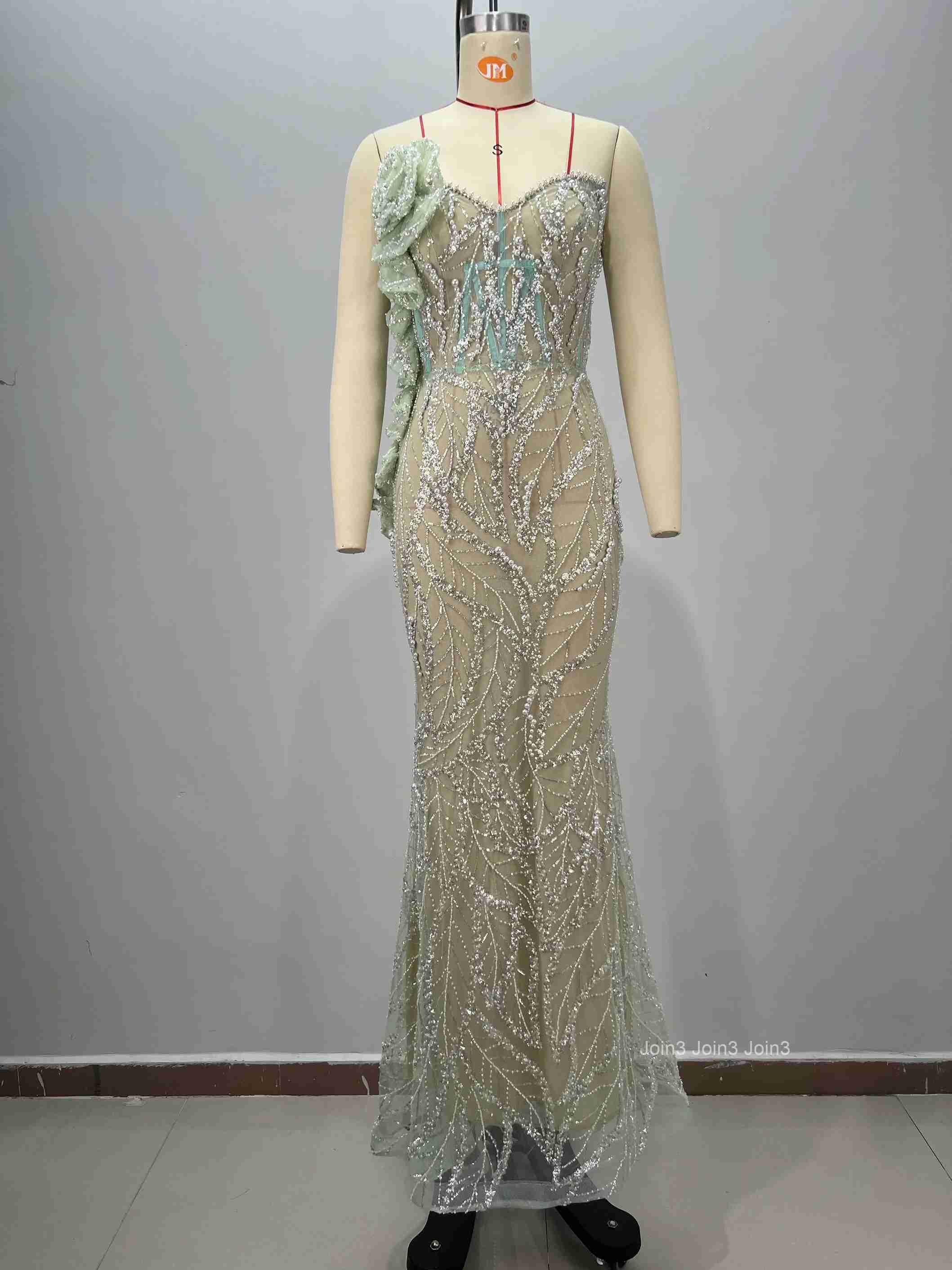 Womens Light Green Bandage Dress Sheer Tulle Leaf Embroidery Thin Straps Backless Mermaid Gown Green Accent Formal Party