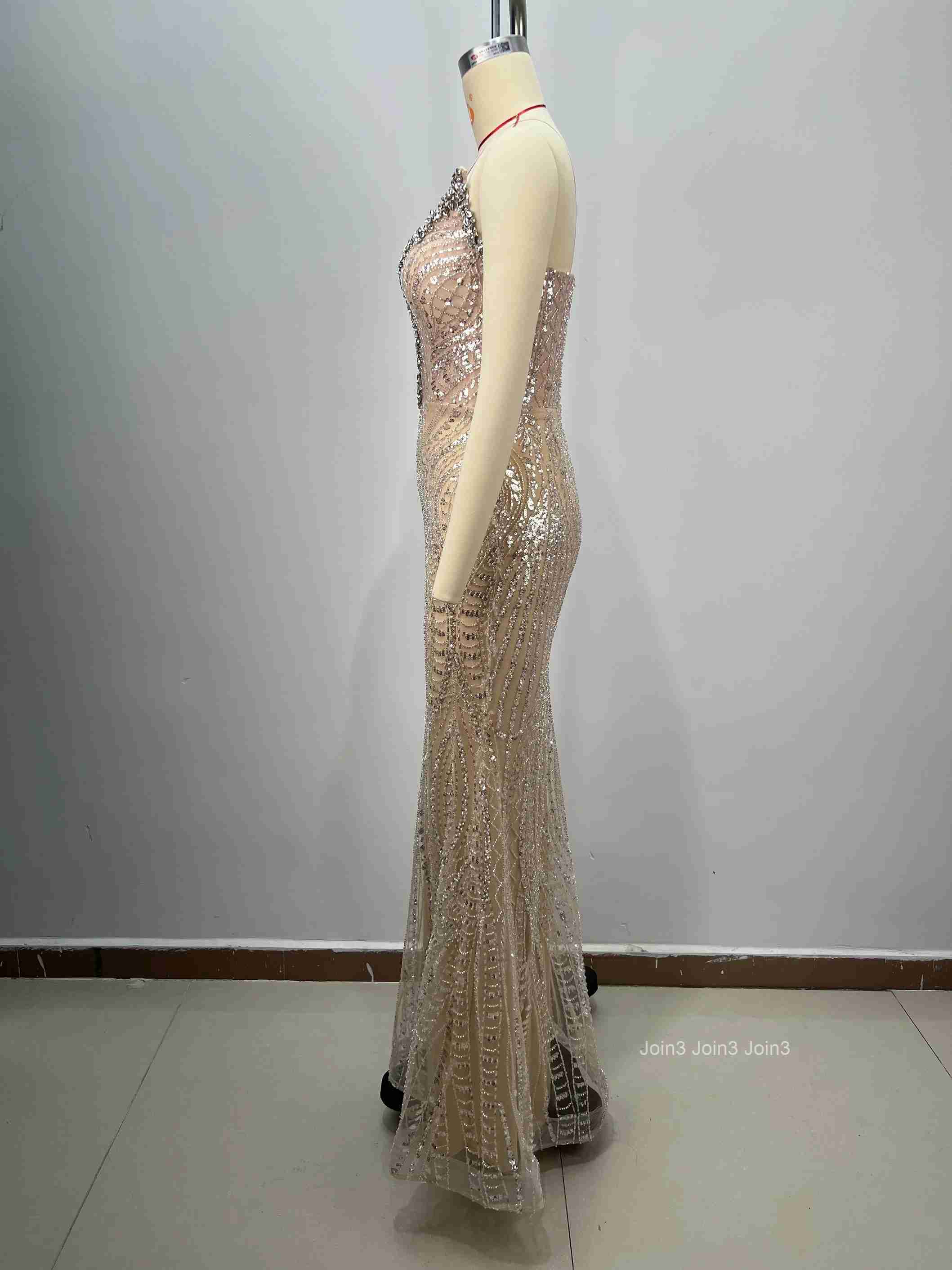Bandage Dress Gold Sequin Mermaid Evening Gown Beaded Bodice Choker Neckline Fitted Fishtail Formal Party Gown Champagne