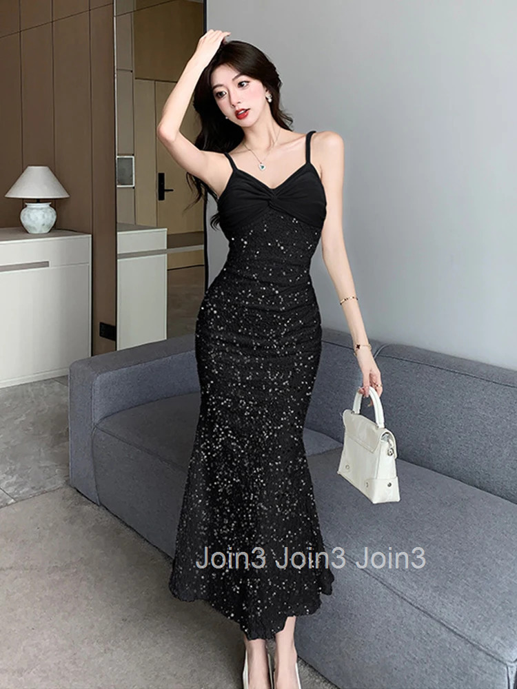 Elegant Evening Party Dress Women White Black Shiny Bright Sequin Strap Skinny Fishtail Robe Female Birthday Banquet Vestidos