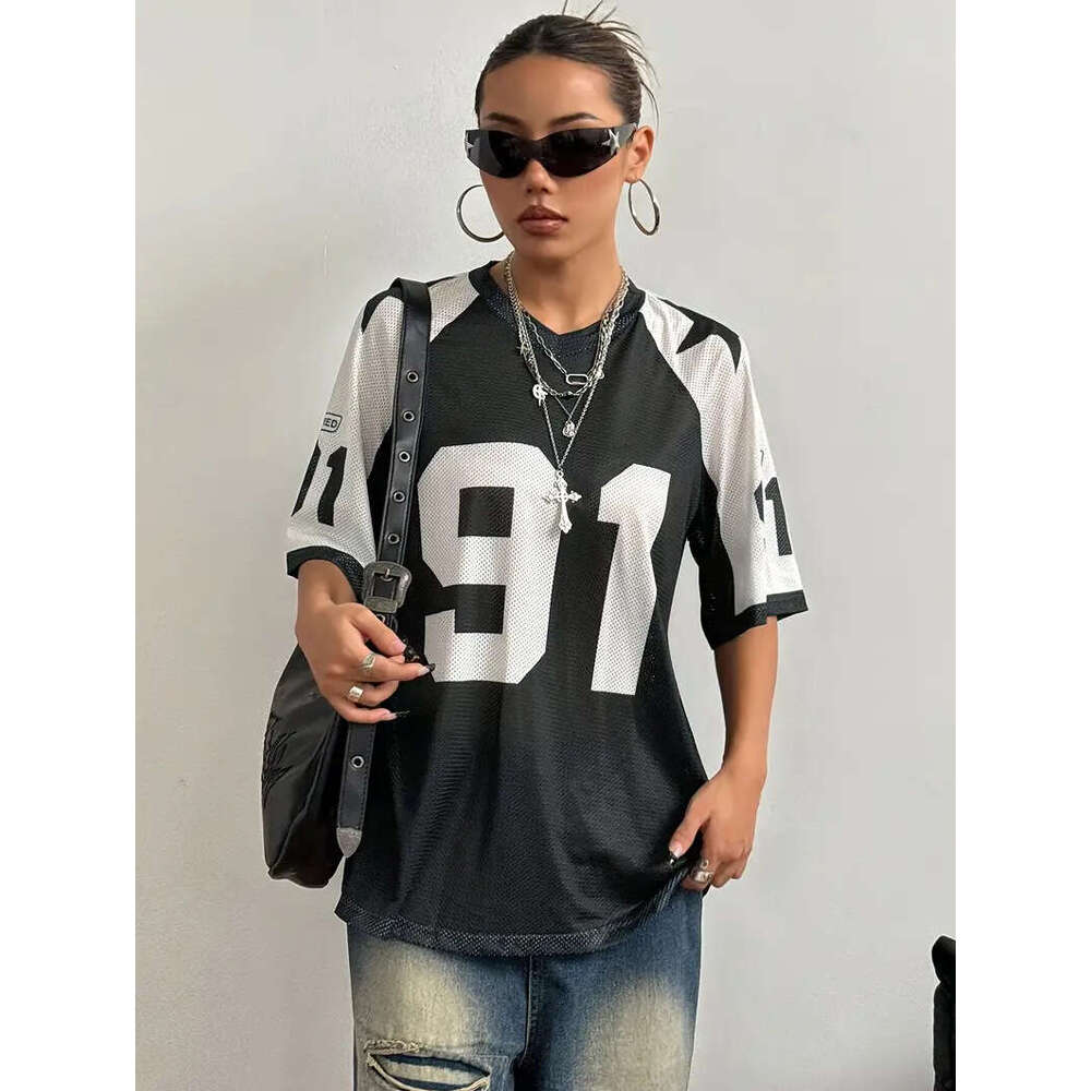Cross-Border Design Sense Sports Style Digital Print Color-Block Mesh Short Sleeve T-Shirt Loose Top