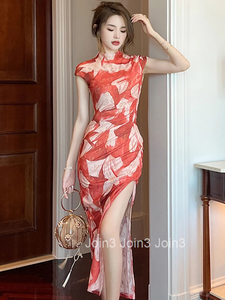 Summer Long Dress Elegant Women Mesh Print Sexy Sleeveless Skinny Slit Maxi Party Prom Robe Femme Mujer Vestido Stretchy Clothes