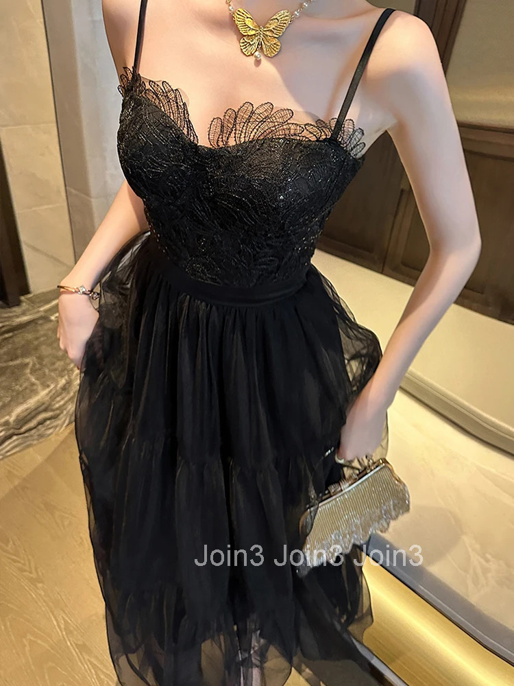 New Summer Birthday Black Mesh Gown Evening Dress Women Clothes Sexy Sling Slim A-Line Long Maxi Robe Party Club Vestidos Fiesta