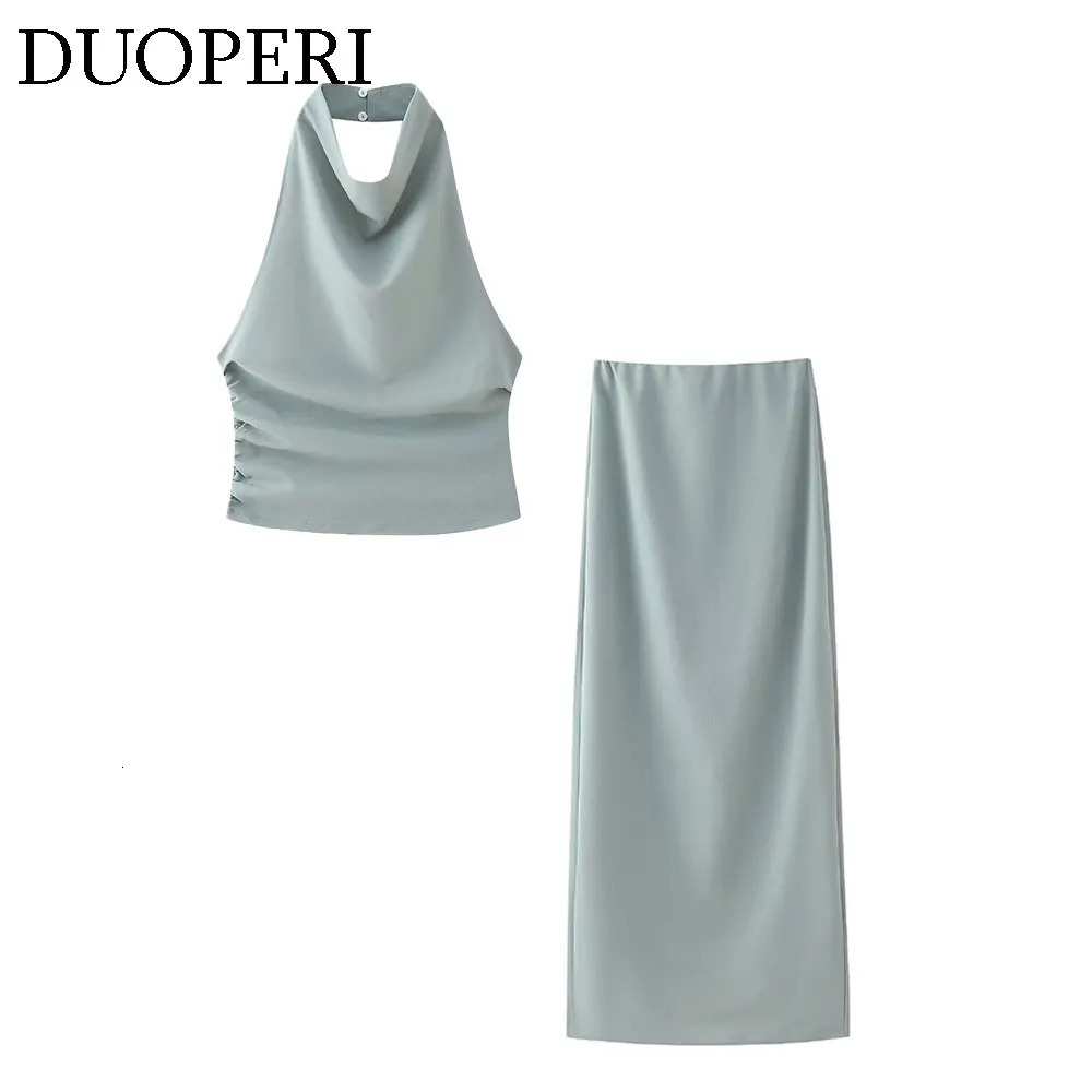 DUOPERI Women Fashion 2 Pieces Sets Halter Neck Camisole and High Waist Back Slit Midi Skirt Female Chic Lady Coordinates 250614