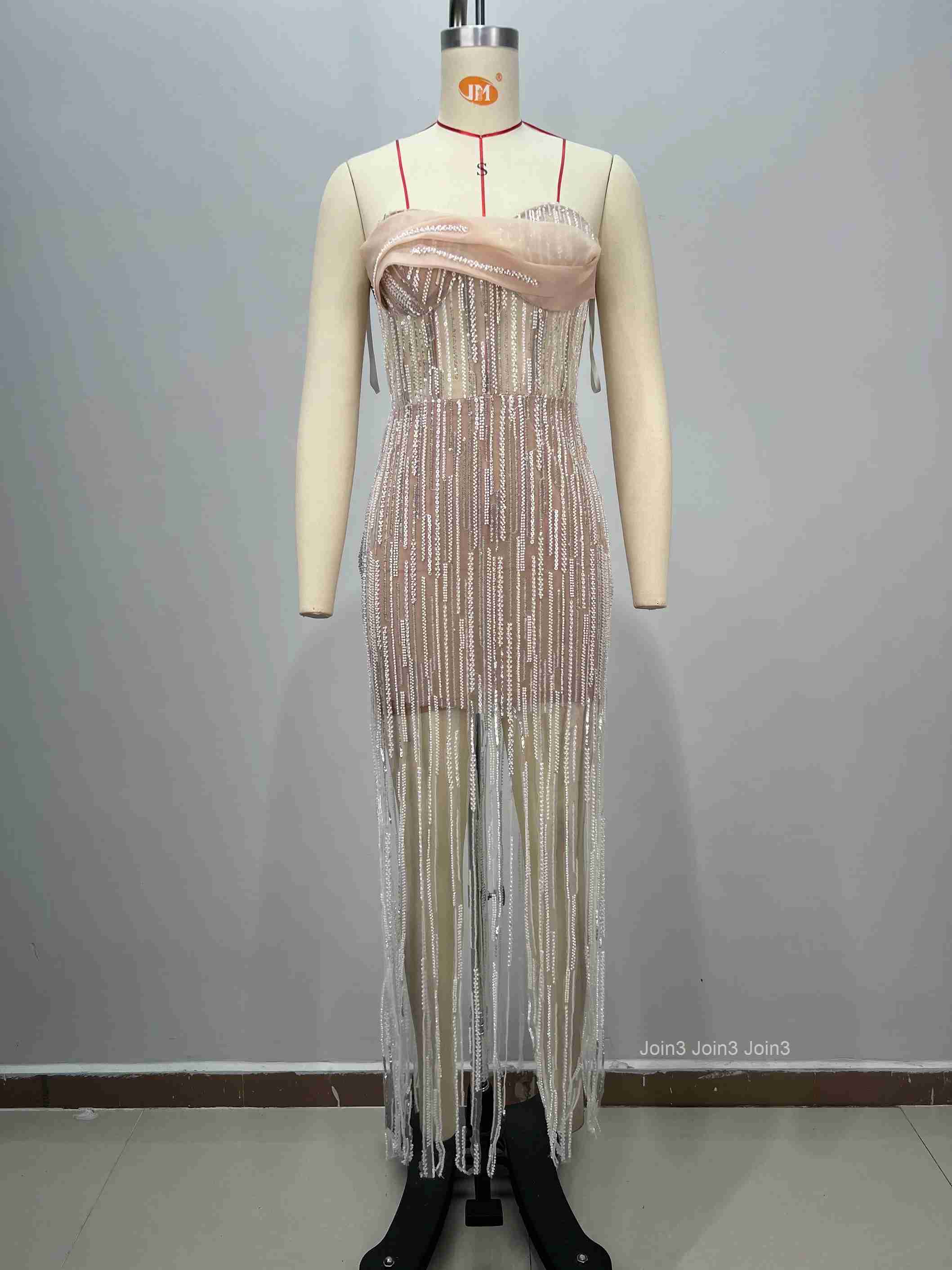 Womens Evening Gown Luxury Fringe Sequin Strapless Bustier Dress Fashion Bodycon Dress