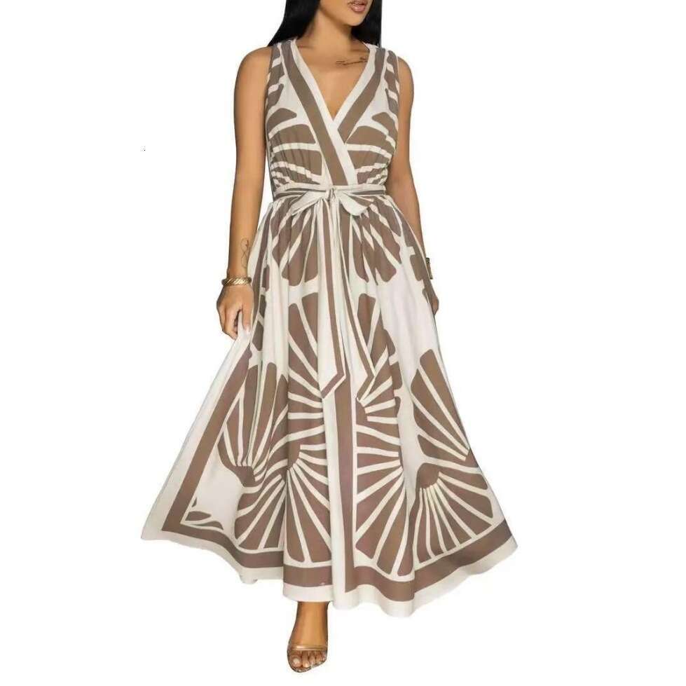 V-Neck Positioning Print Backless Bohemian Flared Dress B5
