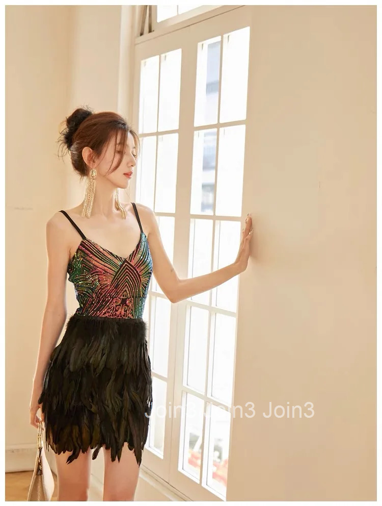 Fashion Dress For Women Chic Feather Colorful Sequins Sling Skirt V-neck Sundress Birthday Party Club Clothing(72h Shipment)