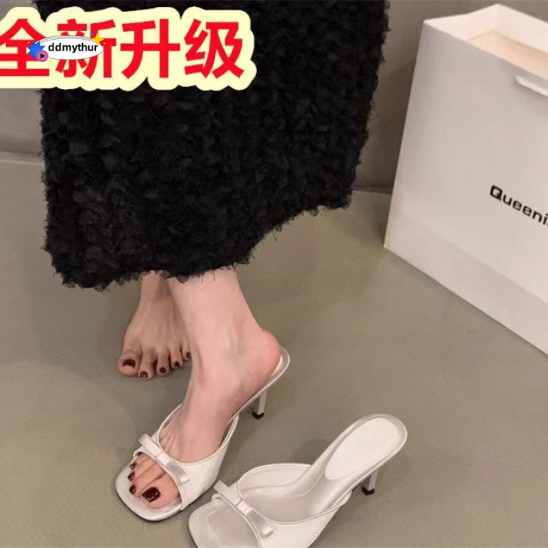 2025 New Open-Toe High Heels Women's Shoes Party Solid Color Sandals Summer French Style Elegant Bowknot ddmythur