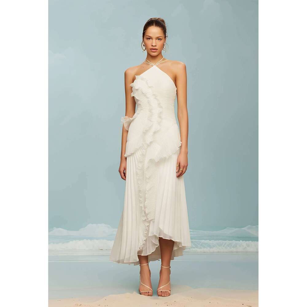 Elegant Neck Strap Ruffles Evening Gown Solid Folds A Line Lace Up Backless Sexy Dress 2025 New Party Vacation Y2k Robe