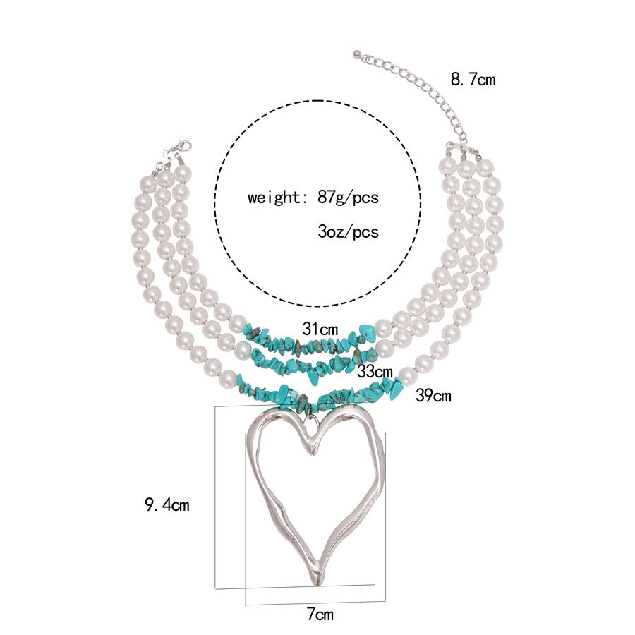 Pearl multi-layered large heart pendant, turquoise necklace, fashionable and exaggerated design sense, collarbone chain, spicy girl personality neckla