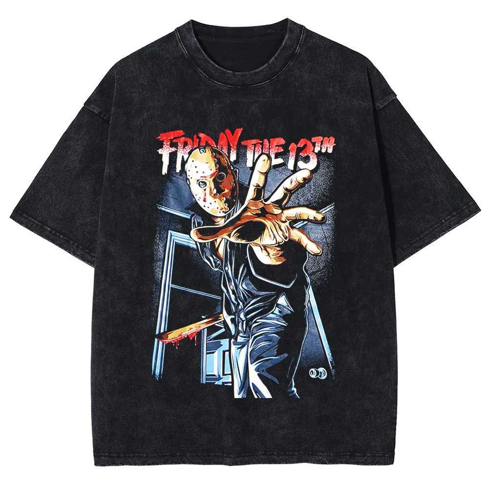 Vintage Washed Black T-shirt Harajuku Classic Friday The 13th Shirt Cotton DTG Printed Mens T-shirt Unisex Top Ts Couple Clot X250623