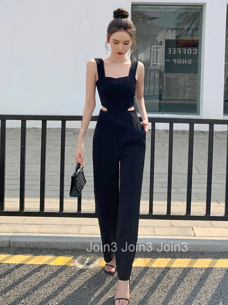 Y2K Fashion Elegant Women Jumpsuits Chic Black Hollow Sexy Strap Backless Party Beach Femme Mujer Wide Leg Loose Rompers Summer