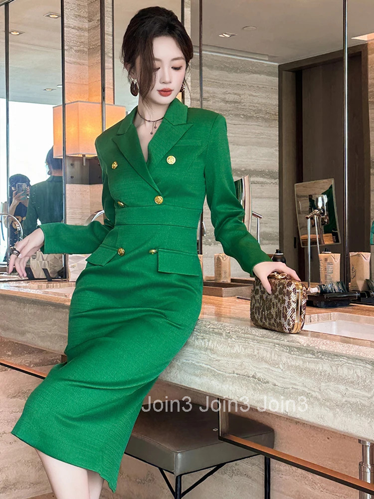New Autumn Business Formal Occasion Classic Green Pencil Dress Women Clothes Elegant Office Lady Long Sleeve Slim Midi Vestidos