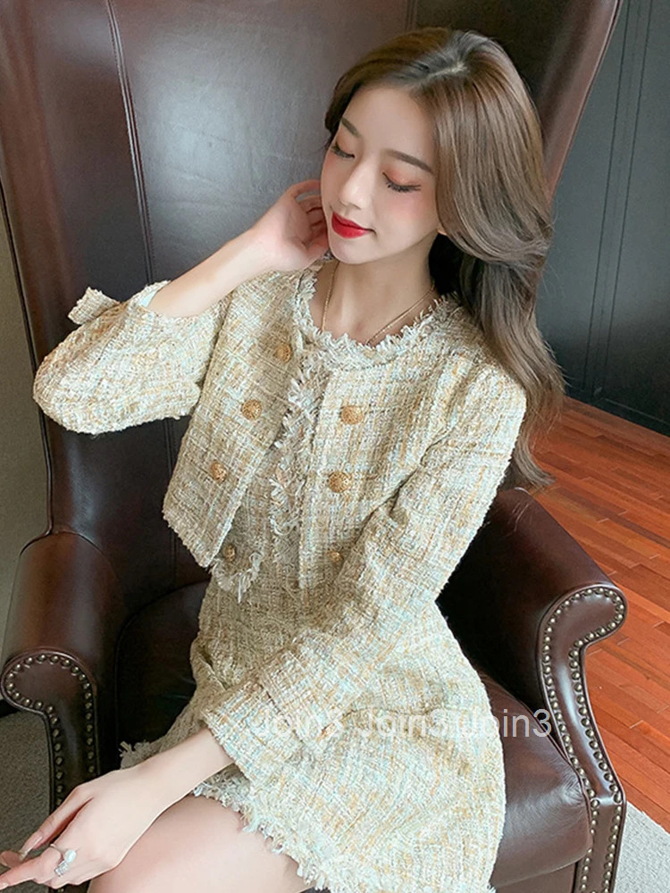 New Tweed 2 Pieces Outfits Women Ladies Vintage Short Coat Jacket Outwear And Sleeveless Slim Mini A-line Short Dress Mujer Set