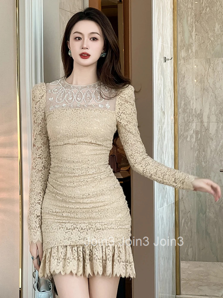 Women Clothes Sweet Lace Floral O-Neck Folds Slim Mini Short Fishtail Dress Elegant Luxury Party Prom Vestidos Autumn Winter New