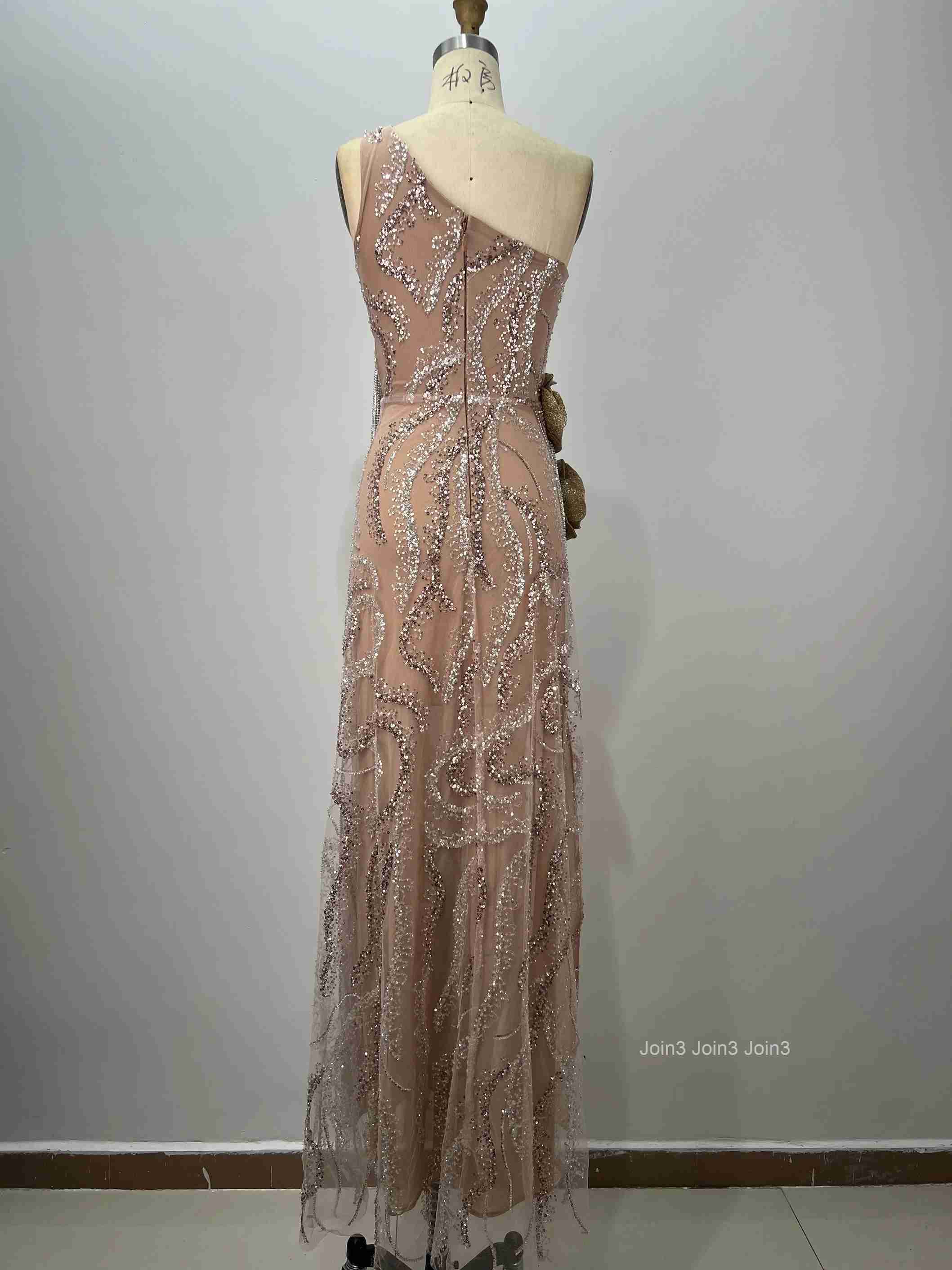 Womens Apricot Bandage Dress One Shoulder Sequin Beaded 3D Floral Appliques High Slit Fitted Floor-Length Evening Gown
