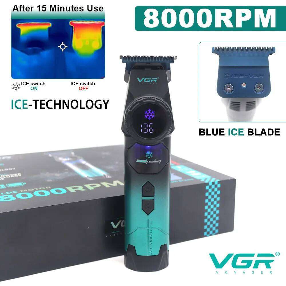 VGR V-946 Professional Ice Tech Hair Trimmer DLC Blade 0 Gap 8000Rpm Brushless Blue Ceramic For Men Beard Trimming Grooming
