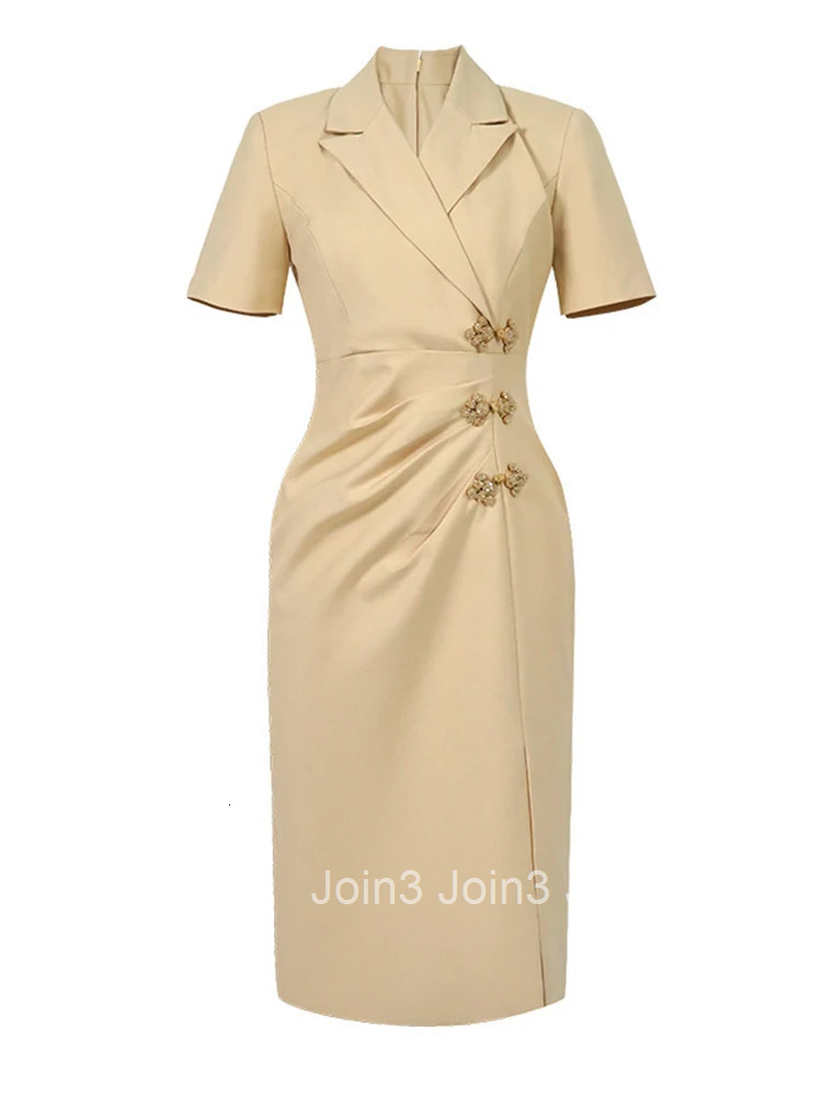 Summer Work Style Formal Occasion Pencil Dress Women Clothes Elegant Office Vintage Solid Short Sleeve Slim Folds Midi Vestidos